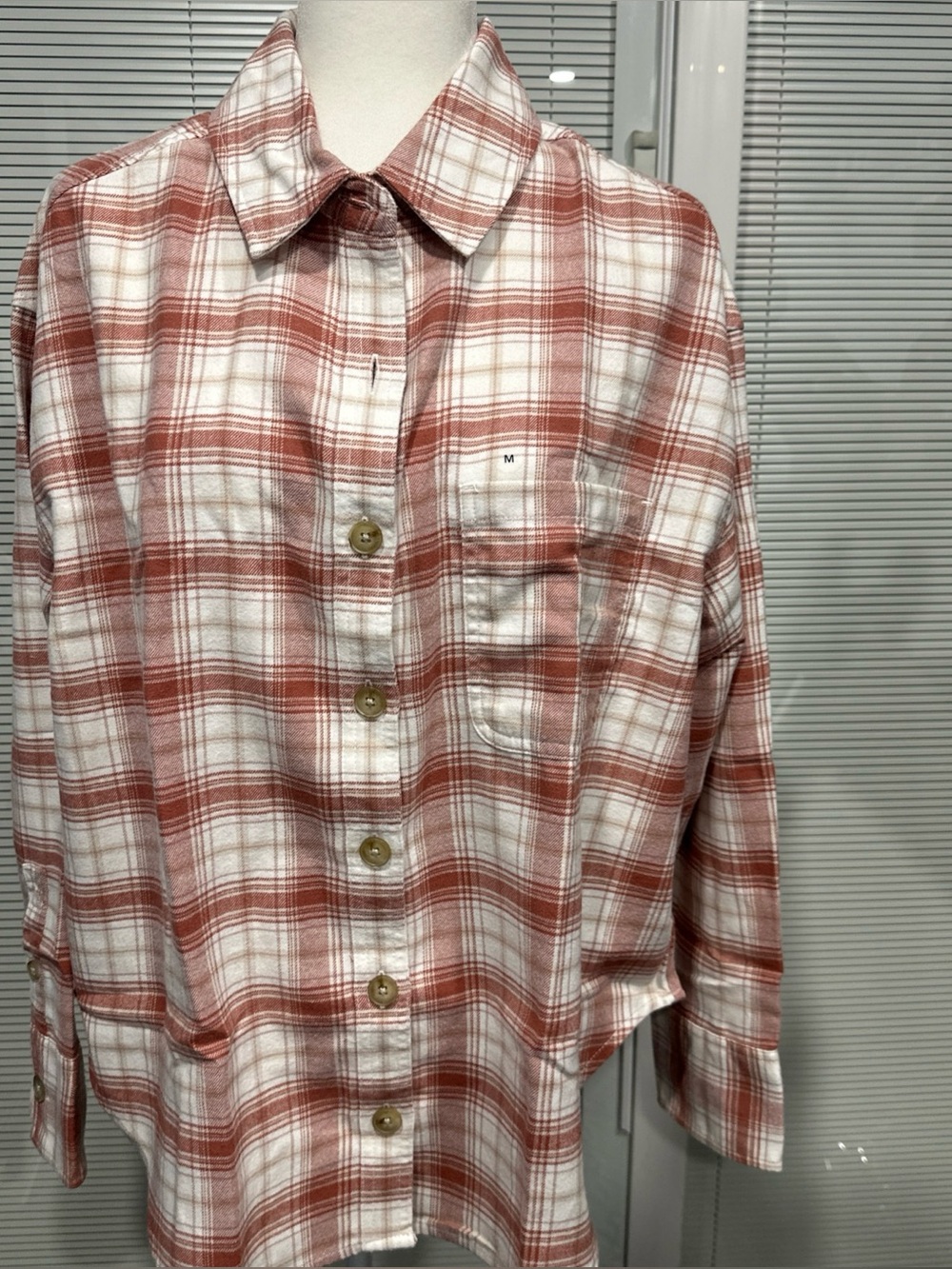 American Eagle Outfitters Coral and White Plaid Shirt